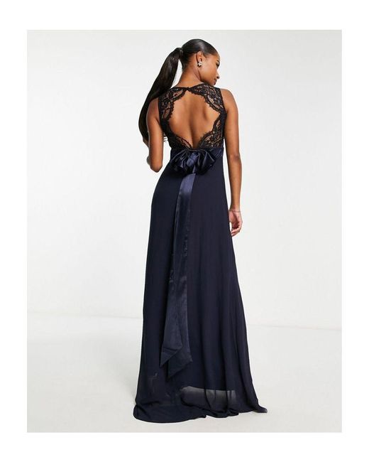 TFNC London Blue Bridesmaids Chiffon Maxi Dress With Lace Scalloped Back