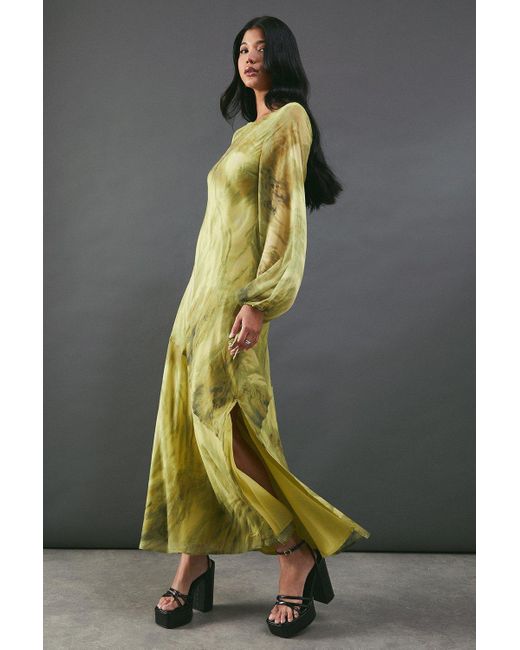Warehouse Yellow Chiffon Feather Print Volume Sleeve Maxi Dress