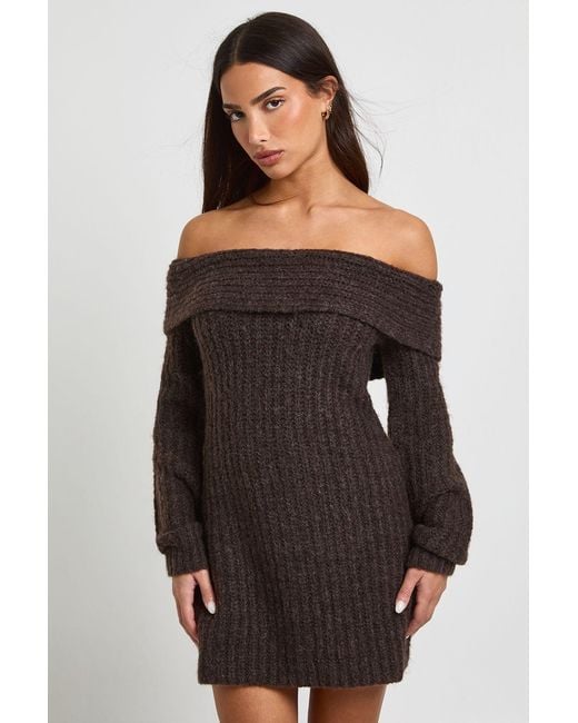 Boohoo Black Petite Chunky Knit Bardot Mini Dress
