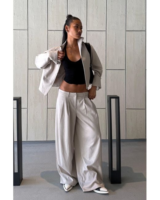 Boohoo Gray Tonal Stripe Funnel Neck Tailored Jacket