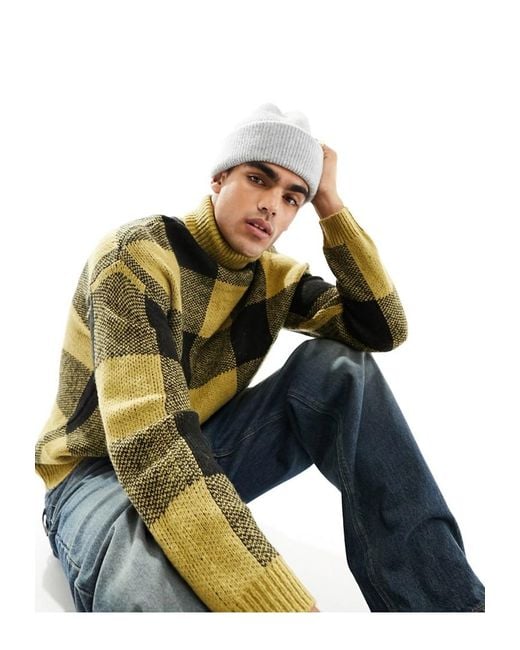 ASOS Metallic Fluffy Knit Check Roll Neck Jumper for men