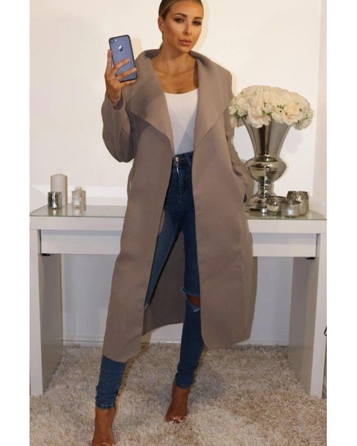 Femme Luxe Gray Waterfall Duster Belted Long Coat