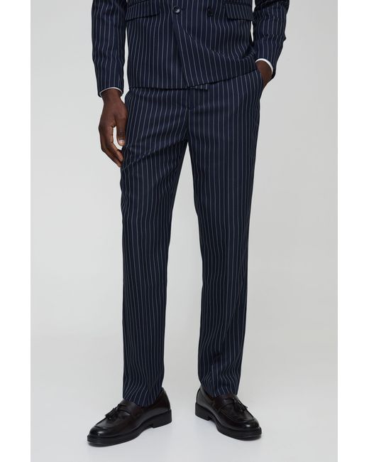 BoohooMAN Blue Straight Fit Pinstripe Tailored Trouser for men