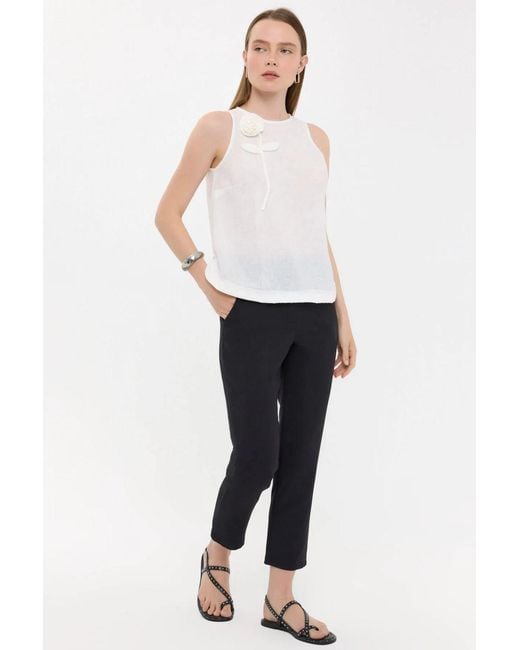 Hiccup White Sleeveless Round Neck Blouse With Flower Detail