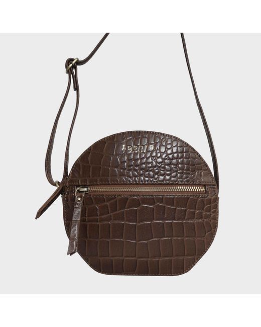 Assots London Brown 'jane' Dark Tan Croc Leather Round Designer Crossbody Bag