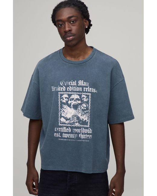 BoohooMAN Blue Oversized Waffle Gothic Print Short Sleeve T-Shirt for men