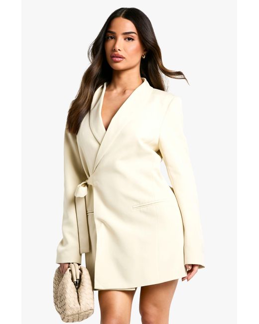 Boohoo Natural Petite Tie Side Blazer Dress
