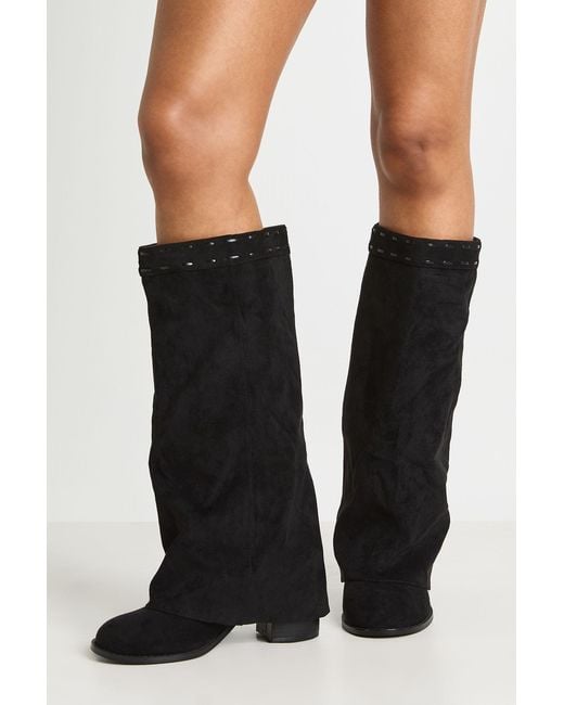 Boohoo Black Wide Fit Fold Over Block Heel Knee High Boots