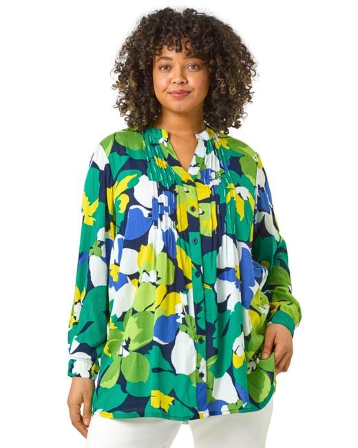 Roman Green Curve Floral Print Pintuck Blouse