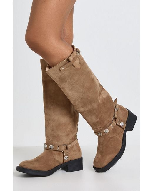Boohoo Brown Wide Fit Western Style Buckle Detail Knee High Boots