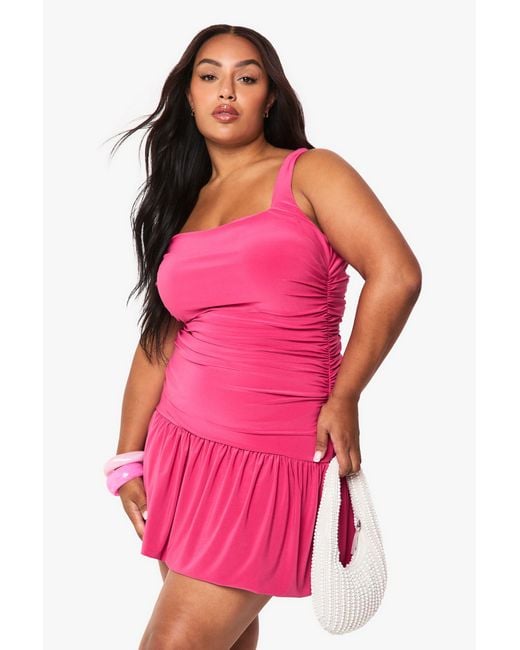 Boohoo Pink Plus Double Layer Drop Hem Mini Dress