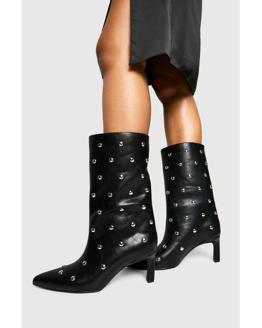 Boohoo Studded Mid Column Stiletto Boots in Black Lyst UK