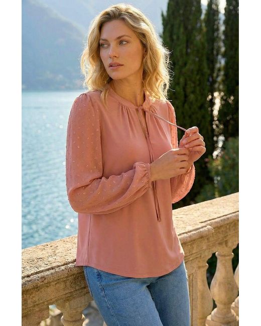 Roman Red Tie Neck Shimmer Dobby Sleeve Top