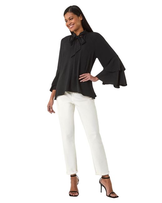 Roman Black Frilled Sleeve Tie Front Top