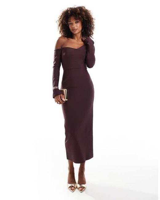 ASOS Purple Bandage Off Shoulder Long Sleeve Midi Dress