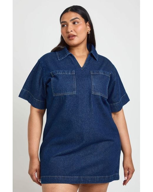 Boohoo Blue Plus Boxy Short Sleeve Denim Dress