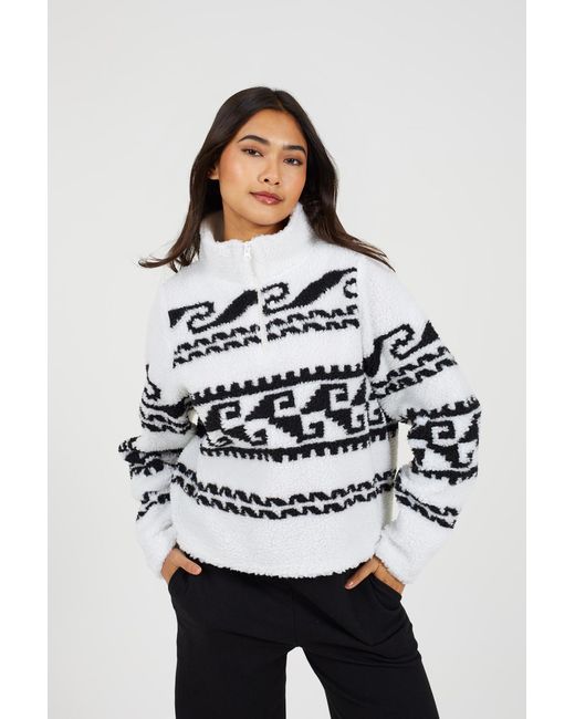 Brave Soul White Quarter Zip Print Sherpa Fleece Sweatshirt