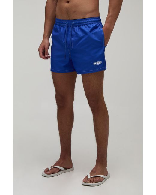 BoohooMAN Blue Constrast Stitch Short Length Embroidered Swim for men