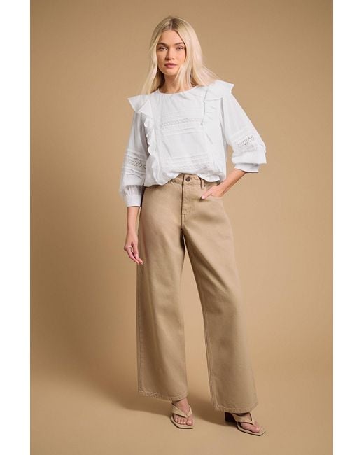 Oasis White Trim Detail Frill Shoulder Crew Neck Blouse