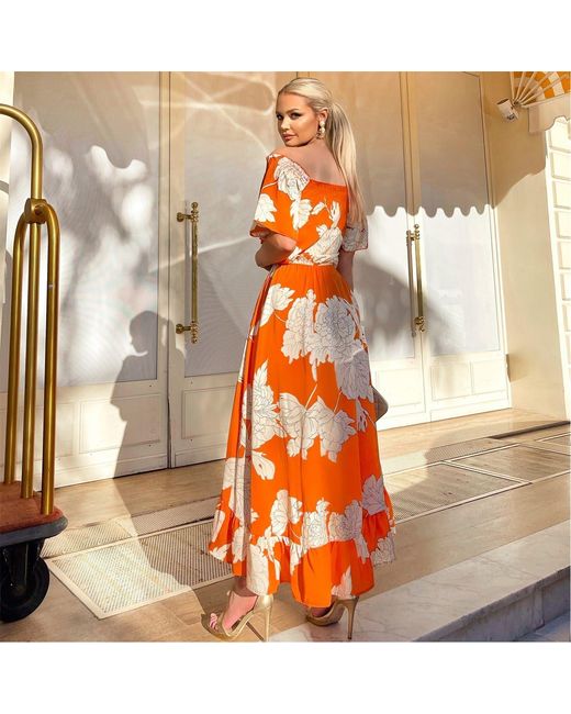 AX Paris Orange Printed Bardot Style Midi Dress