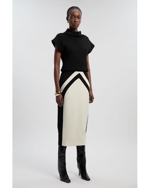 Karen Millen Black Compact Stretch Colour Block Tailored Pencil Midi Skirt