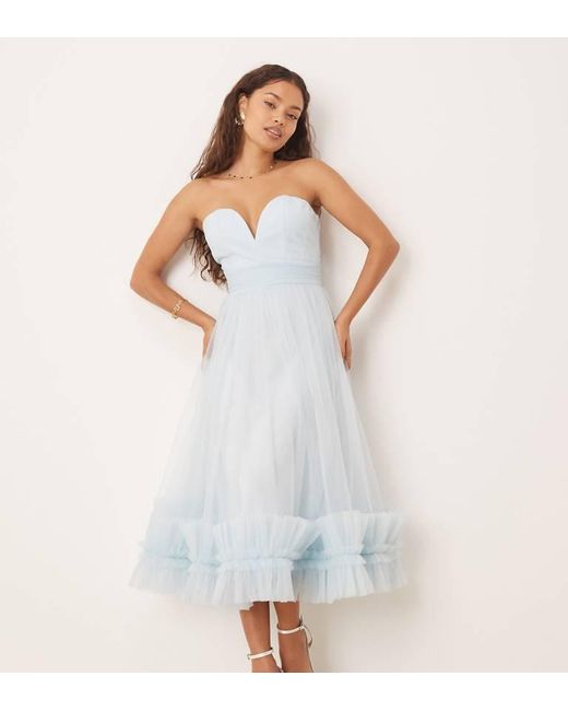 LACE & BEADS White Petite Corset Tulle Ruffle Hem Midaxi Dress