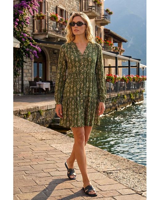 Roman Green Aztec Print Button Stretch Swing Dress