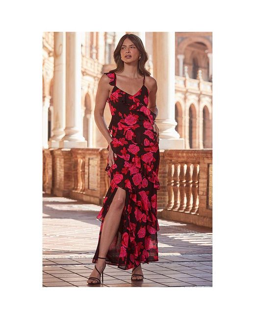 Sosandar Pink Floral Print Ruffle Detail Maxi Dress