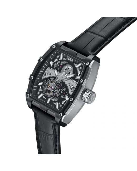 Reign Black Olympia Automatic Semi-Skeleton Leather-Band Watch for men