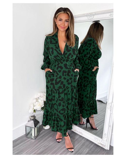 AX Paris Green Leopard Print Long Sleeve Smock Midi Dress