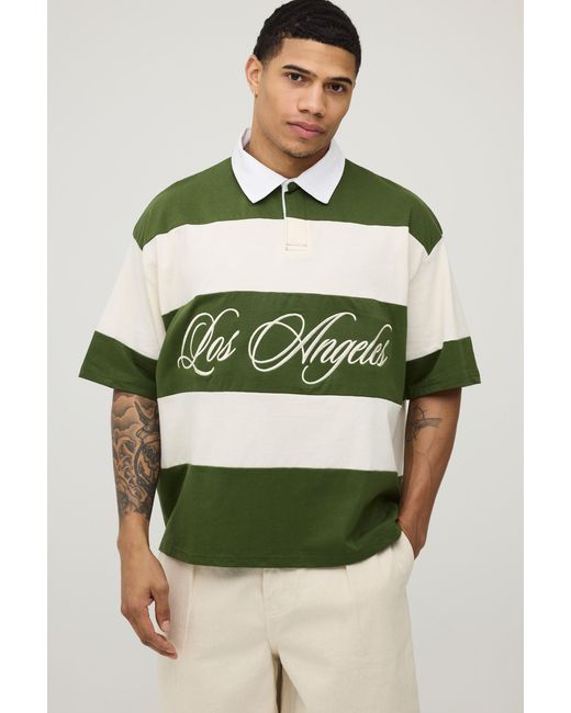 BoohooMAN Green Los Angeles Stripe Rugby Short Sleeve Polo for men