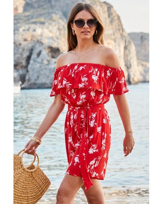 Sosandar Red Floral Print Ruffle Detail Bardot Playsuit Viscose