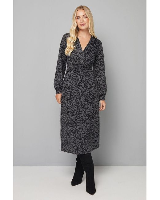Wallis Gray Petite Leopard Ponte Wrap Midi Dress