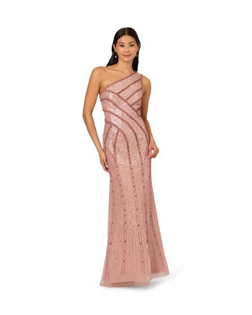 Adrianna Papell Pink Bead Mesh Long Dress