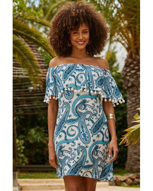 Sosandar Blue Paisley Print Pom Pom Trim Bardot Dress