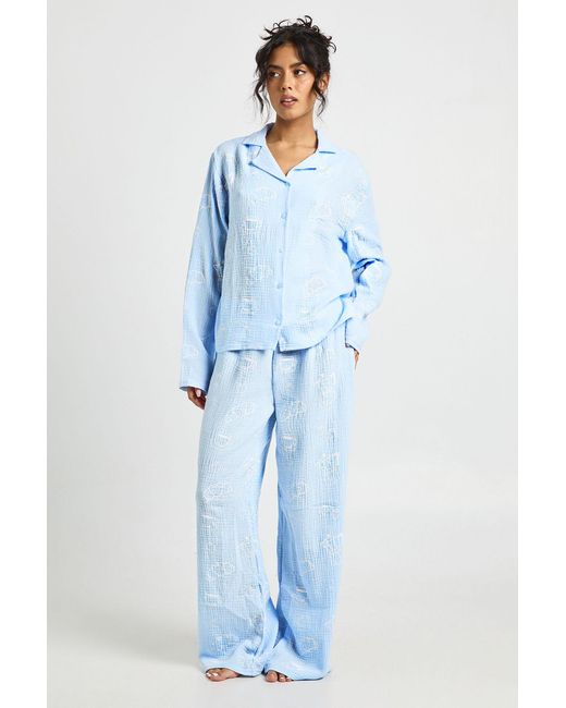 Boohoo Blue Breakfast Print Textured Long Sleeve Shirt & Trouser Pyjama 3 Piece Set