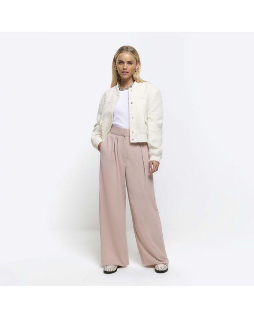 River Island White Wide Leg Trousers Petite Pink High Waisted