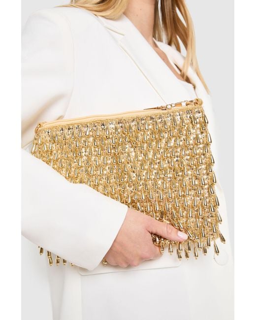 Boohoo White Beaded Detail Zip Top Clutch Bag & Chain