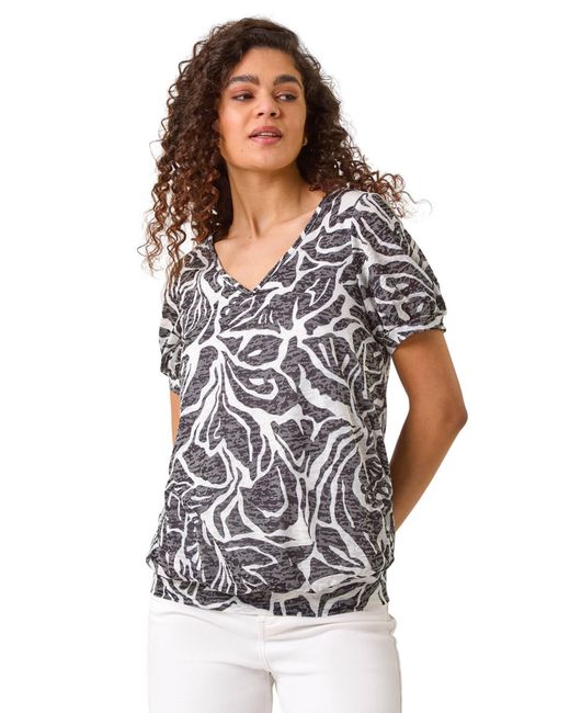 Roman White Floral Burnout Print Blouson Top