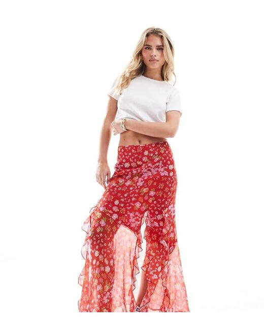 ASOS Red Design Chiffon Ruffle Maxi Skirt