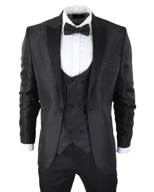 TruClothing Black Tuxedo Blazer Waistcoat Brocade Satin Paisley Formal Dinner Jacket for men