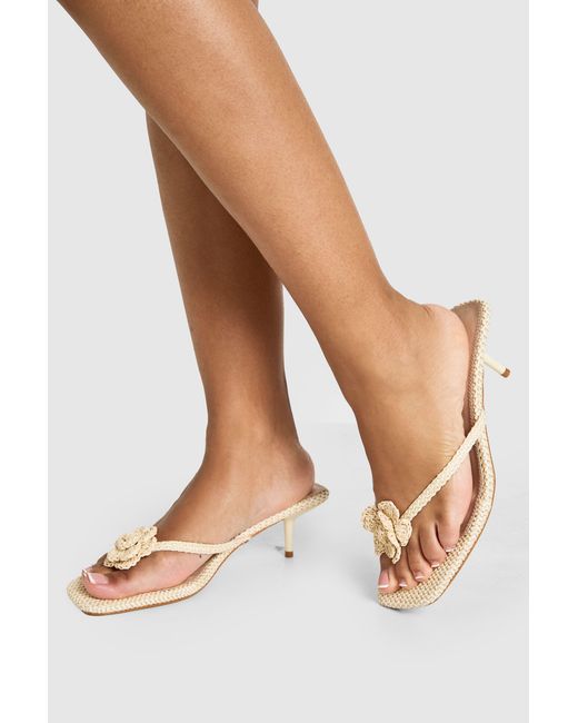 Boohoo Natural Crochet Flower Detail Low Stiletto Toe Post Heeled Mules