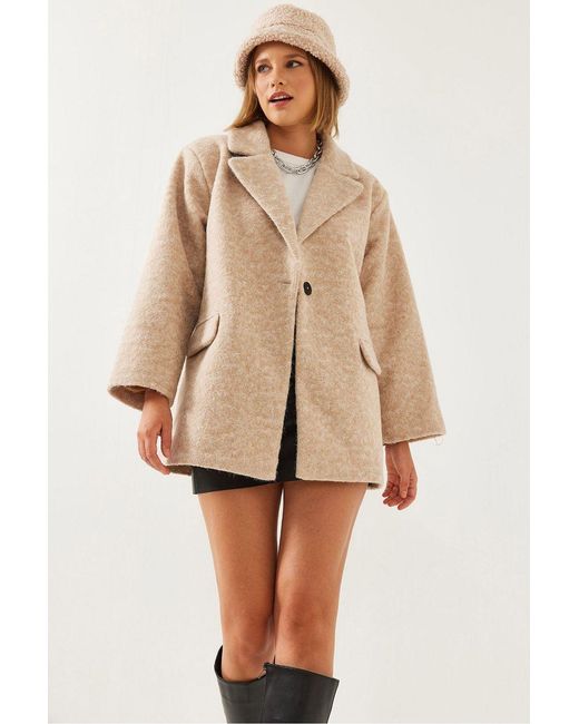 Bianco Lucci Natural Oversized Plush Coat With Shawl Collar And Pocket