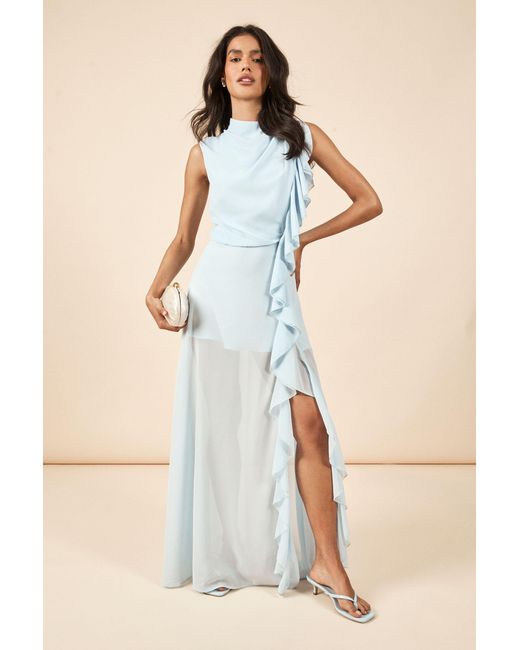 Boohoo Natural Chiffon High Neck Ruffle Detail Maxi Dress