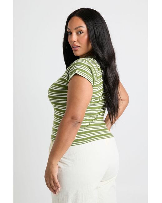 Boohoo Green Plus Stripe Button Down Cap Sleeve Top