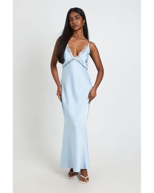 Boohoo Blue Satin & Lace Maxi Slip Dress