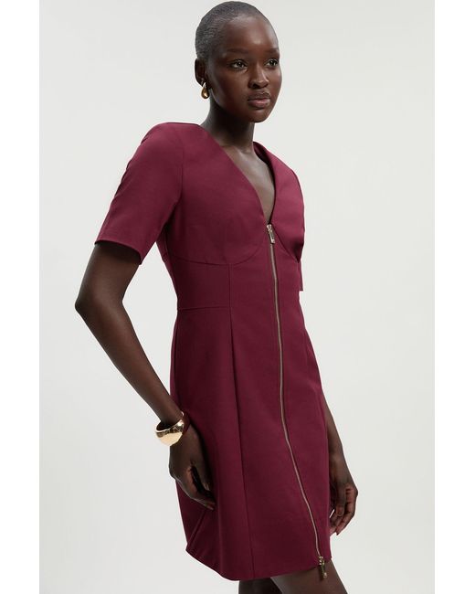 Karen Millen Red Tall Techno Cotton Short Sleeve Zip Detail Woven Mini Dress