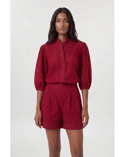 Karen Millen Red Cotton Broderie Woven Short Sleeve Blouse