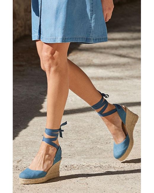 Sosandar Blue Denim Ankle Tie Wedge Espadrilles