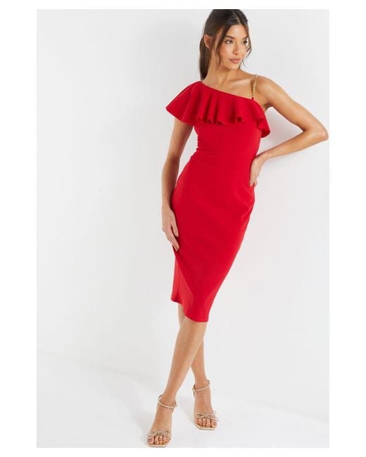Quiz Red One Shoulder Frill Midi Dress